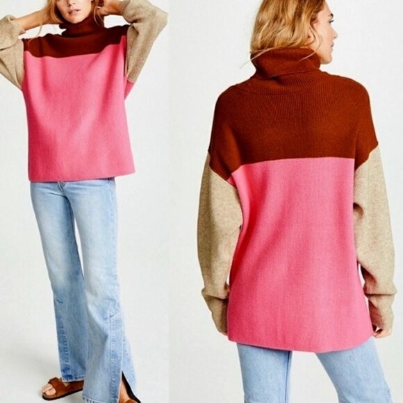 𝅺Free People Pink & Brown Oversized Colorblock Turtleneck Sweater / Pullover - Picture 9 of 13